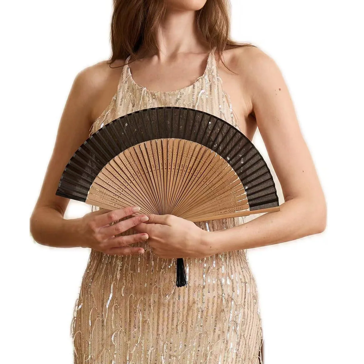 Happy Feather Bm Natural With Black Bamboo Folding Hand Fan — foto do produto