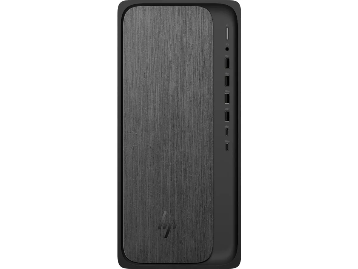 Compact gray desktop tower with wood-grain accent, front USB-C port, no monitor included