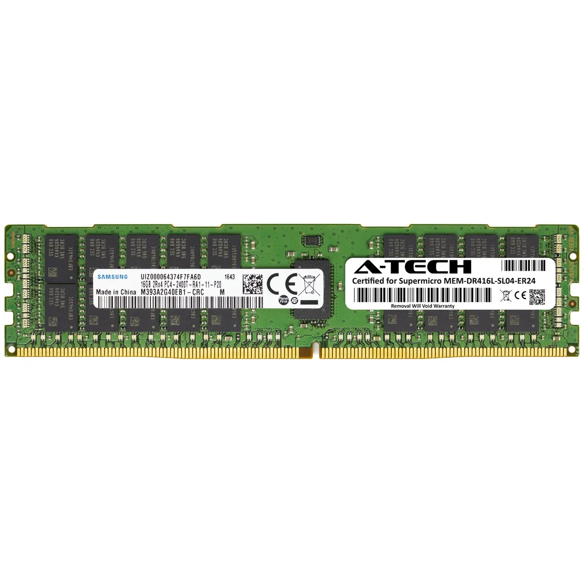 Green printed circuit board with black memory chips and gold edge connectors