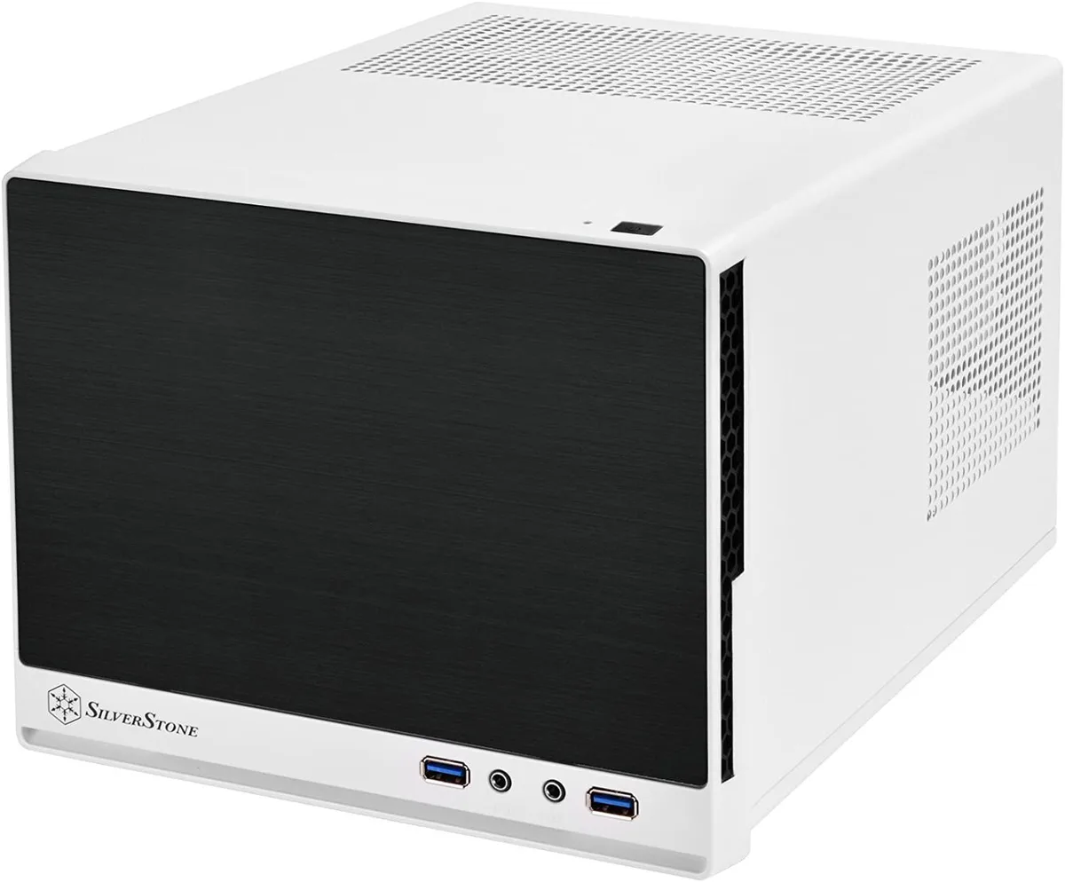 White and black compact Mini-ITX case with solid front panel