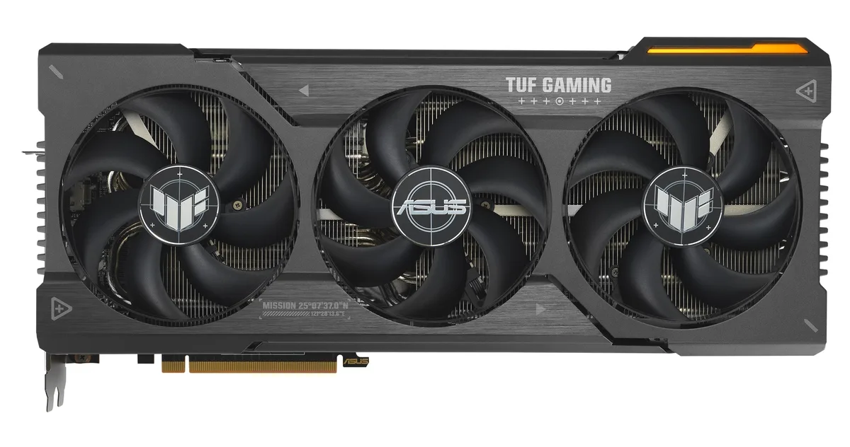 ASUS TUF Gaming Radeon RX 7900 XTX graphics card with triple axial fans and metal exoskeleton, 3.6-slot ATX form factor, matte black