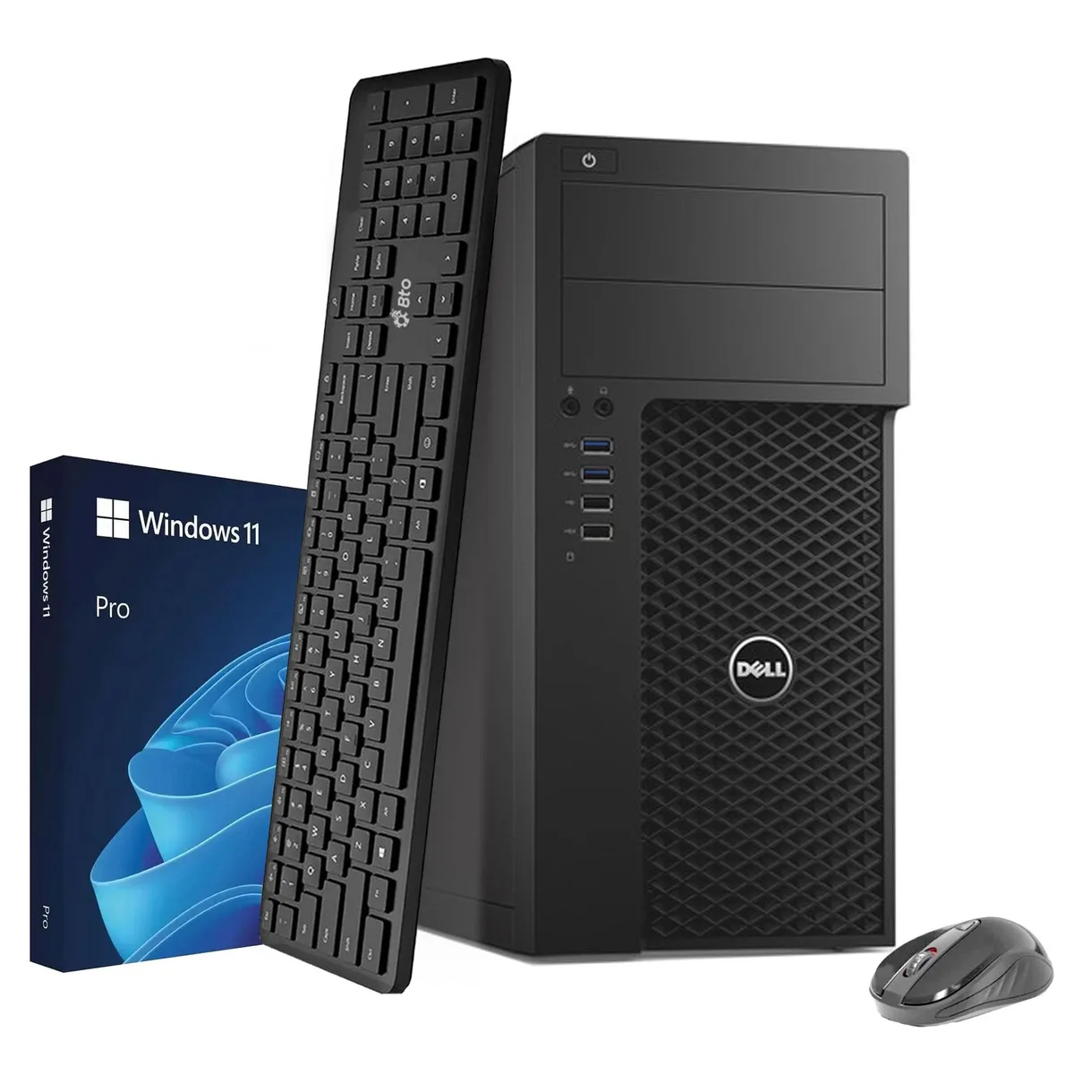 Black Dell Precision 3620 tower desktop with wireless keyboard and mouse