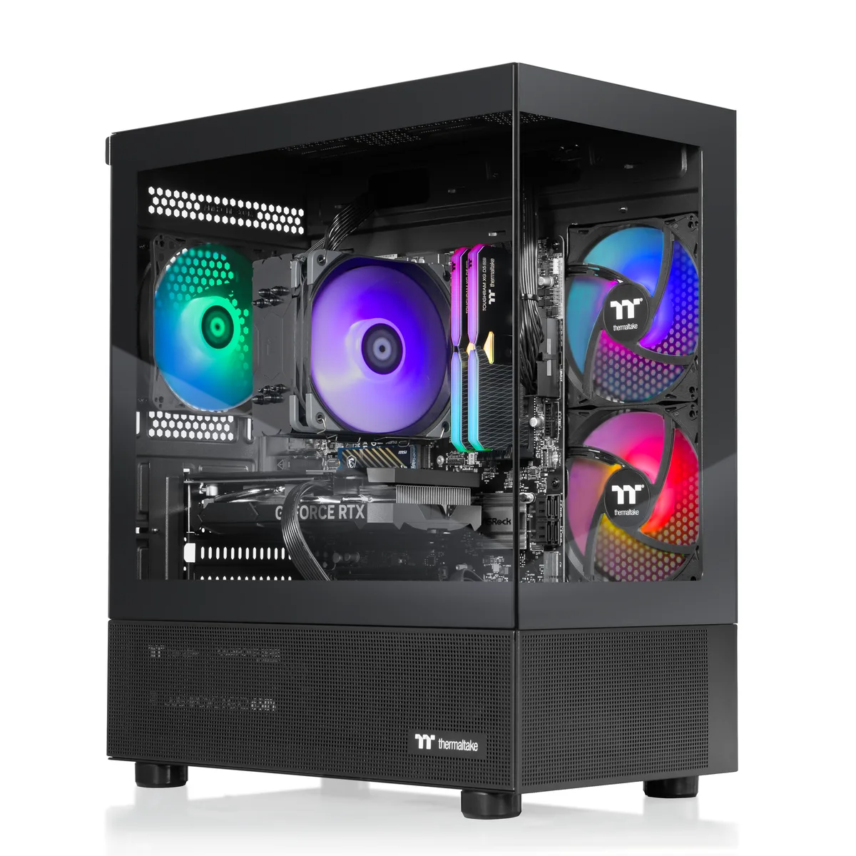Black mid-tower gaming desktop with ARGB tower cooler visible through side panel
