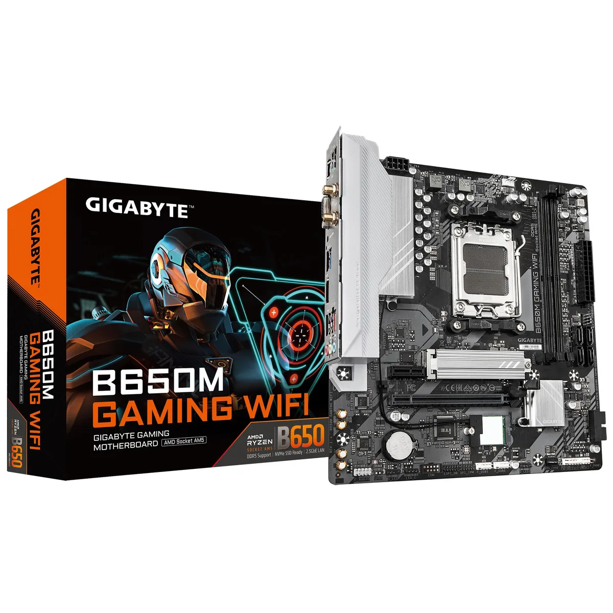 GIGABYTE B650M GAMING WIFI motherboard, mATX form factor, dark PCB with silver heatsinks