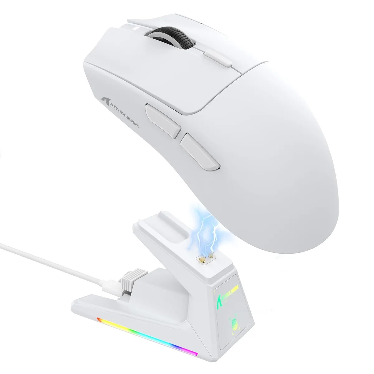 White ultralight gaming mouse with magnetic RGB charging dock