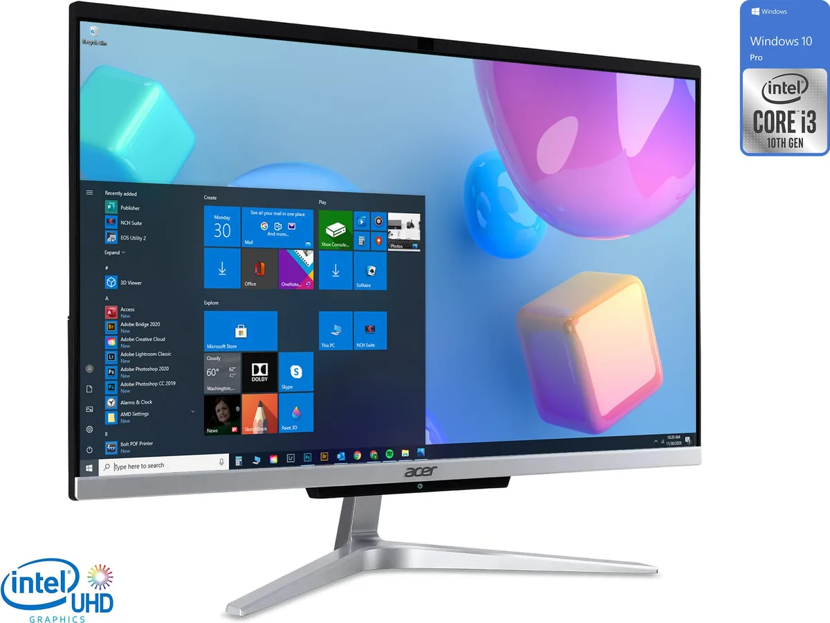 Acer Aspire C24 all-in-one PC with 23.8 inch FHD borderless display in black and silver finish with detachable webcam