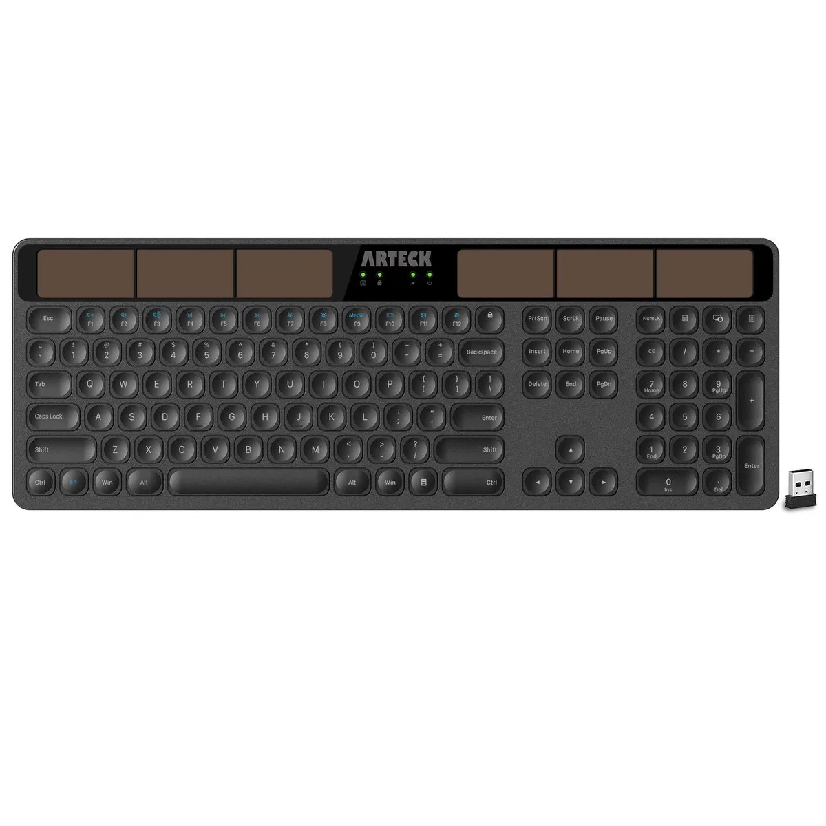 Full-size silver metal keyboard with low-profile scissor keys and solar panel strip