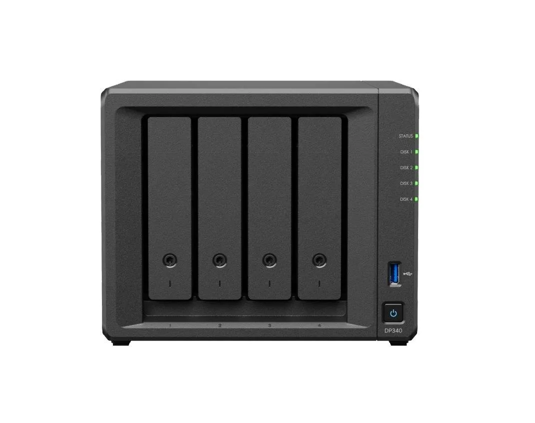 Synology ActiveProtect DP340 desktop NAS unit with four drive bays