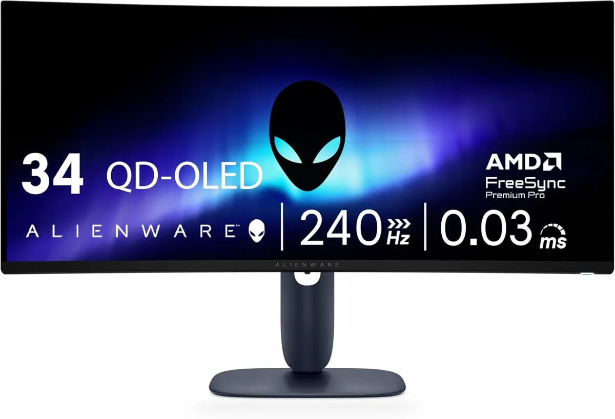 34-inch ultrawide QD-OLED monitor in Interstellar Indigo with 1800R curve, ultra-thin bezels, and ergonomic stand