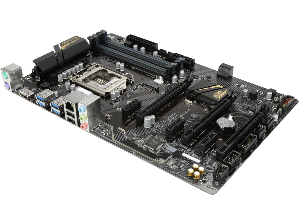 Gigabyte Z270 ATX motherboard, dark PCB with silver heatsinks and blue slots
