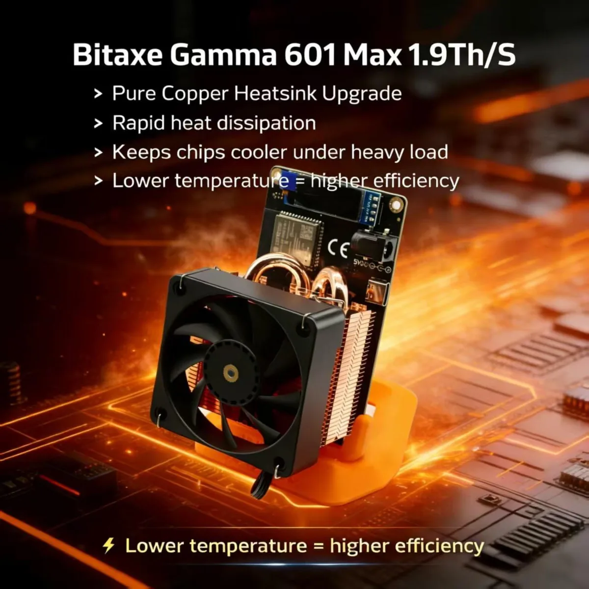Compact Bitcoin miner with pure copper heatsink, BM1370 chip, 1.9 TH/s at 30W