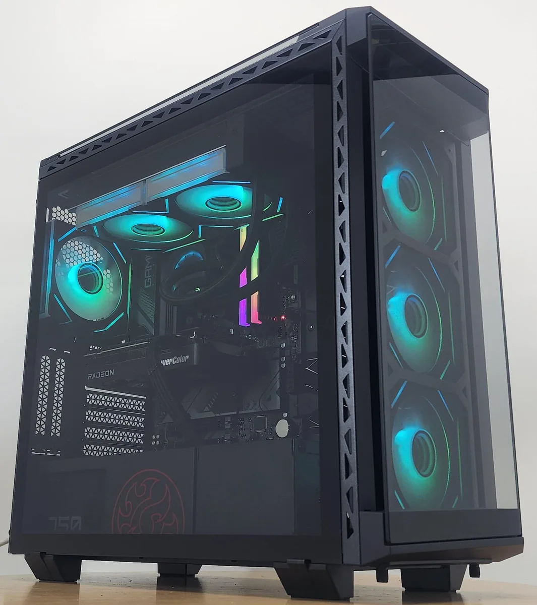 Black ATX tower with tempered glass side panel, RGB-lit 240 mm liquid cooler and graphics card visible inside
