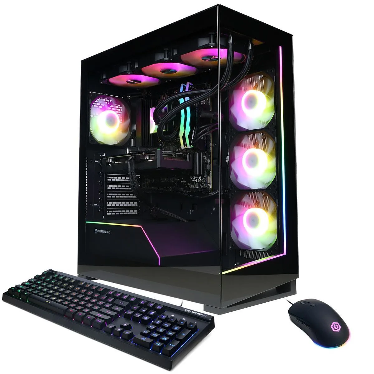 Black tower gaming desktop with liquid cooling visible through side panel