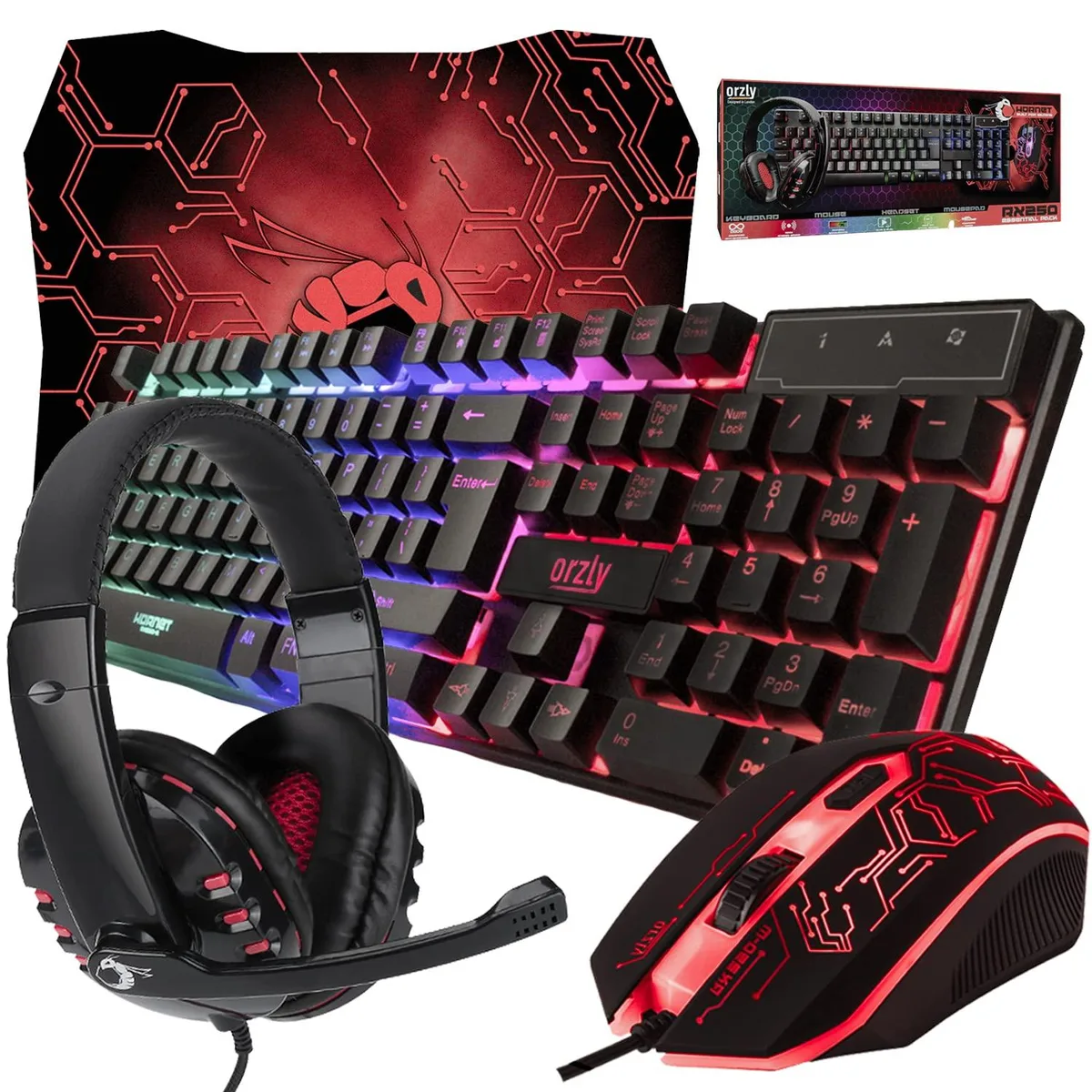 Black Orzly Hornet RX250 4-in-1 gaming bundle with keyboard, mouse, headset and pad