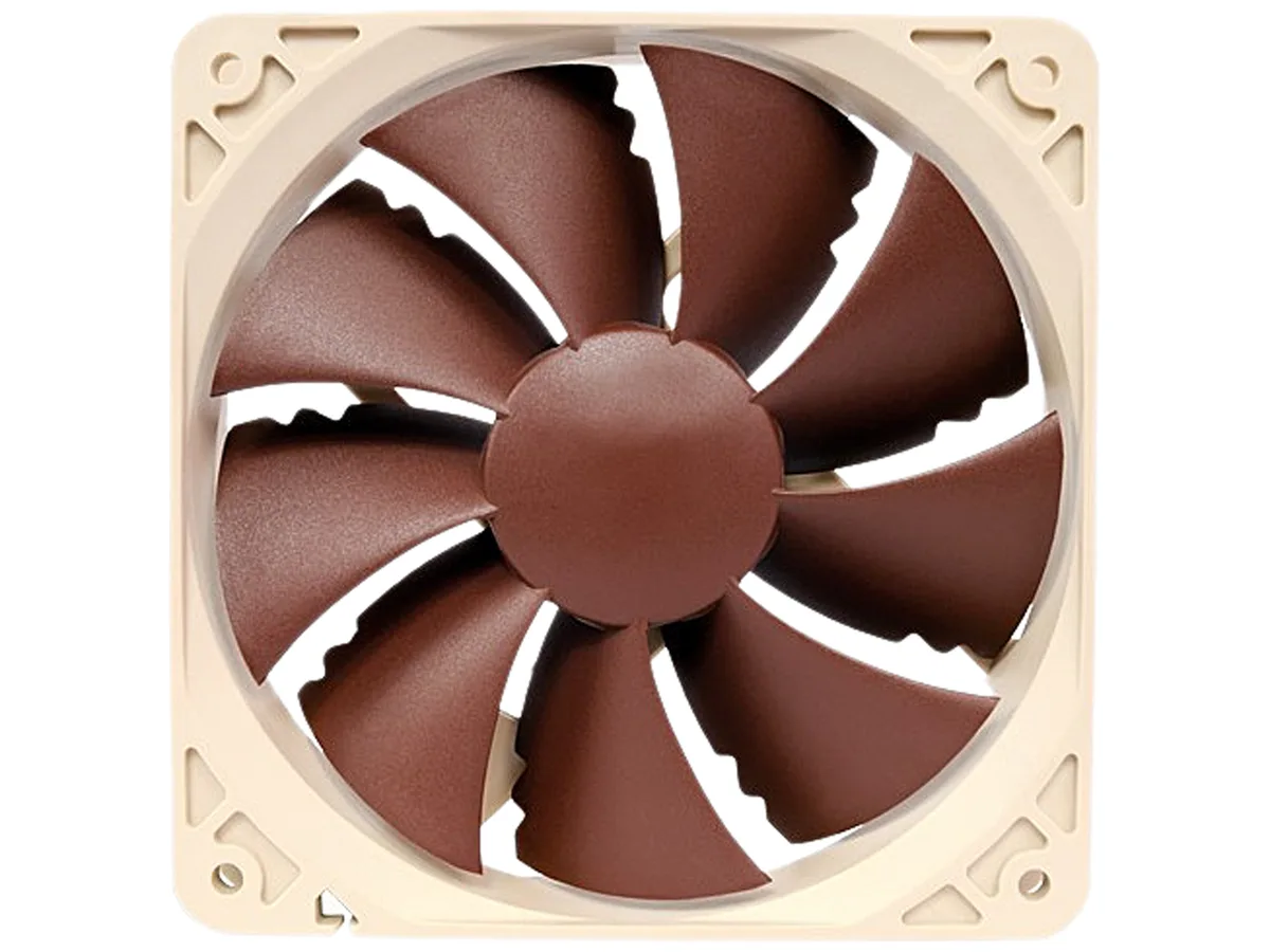 Brown 120mm square case fan with nine blades and 25mm thickness