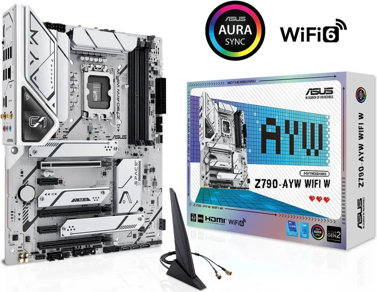 White ATX motherboard with large silver VRM heatsinks, four DDR5 slots, three covered M.2 slots, rear I/O shield and antenna connectors