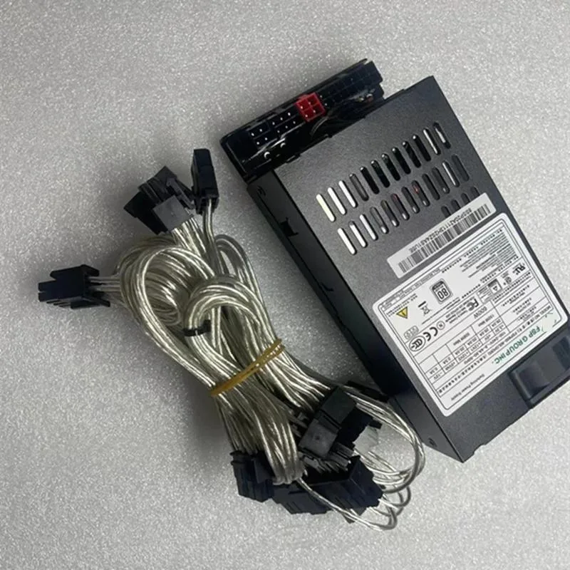 Compact silver 1U flex ATX power supply unit with rear fan grille and cable bundle