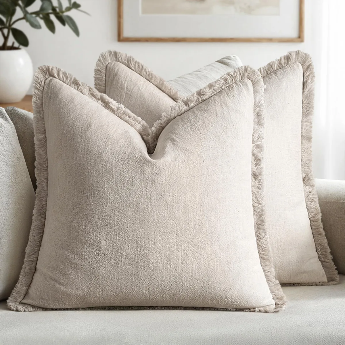 MIULEE Linen Fringe Pillow Covers Natural Beige 20x20 Set of 2 — 商品照片