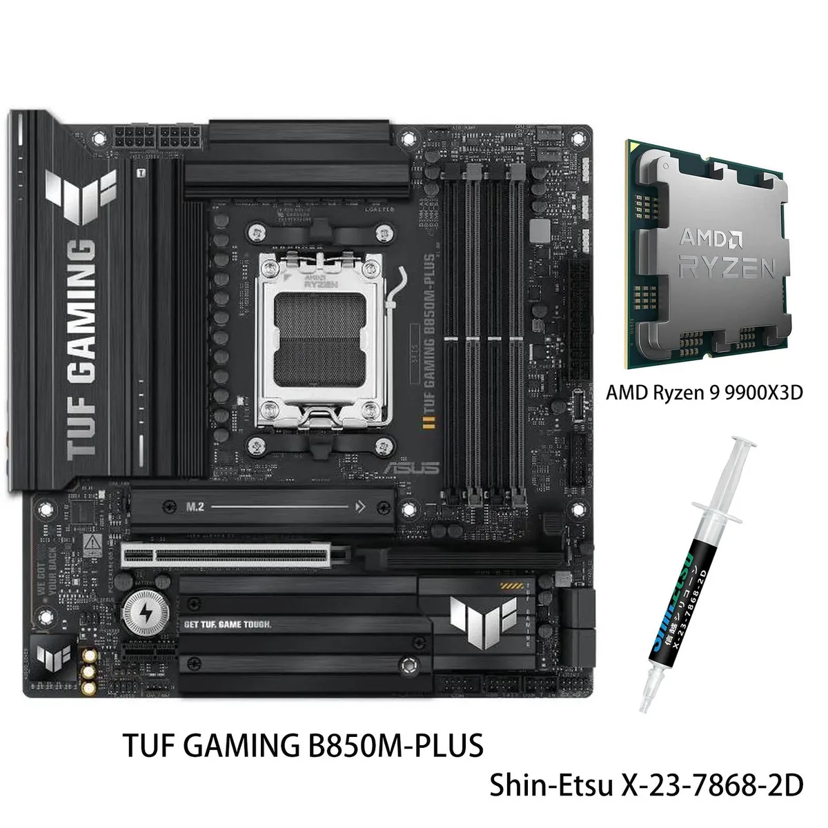 ASUS TUF B850M-PLUS mATX board with Ryzen 9 9900X3D CPU in AM5 socket