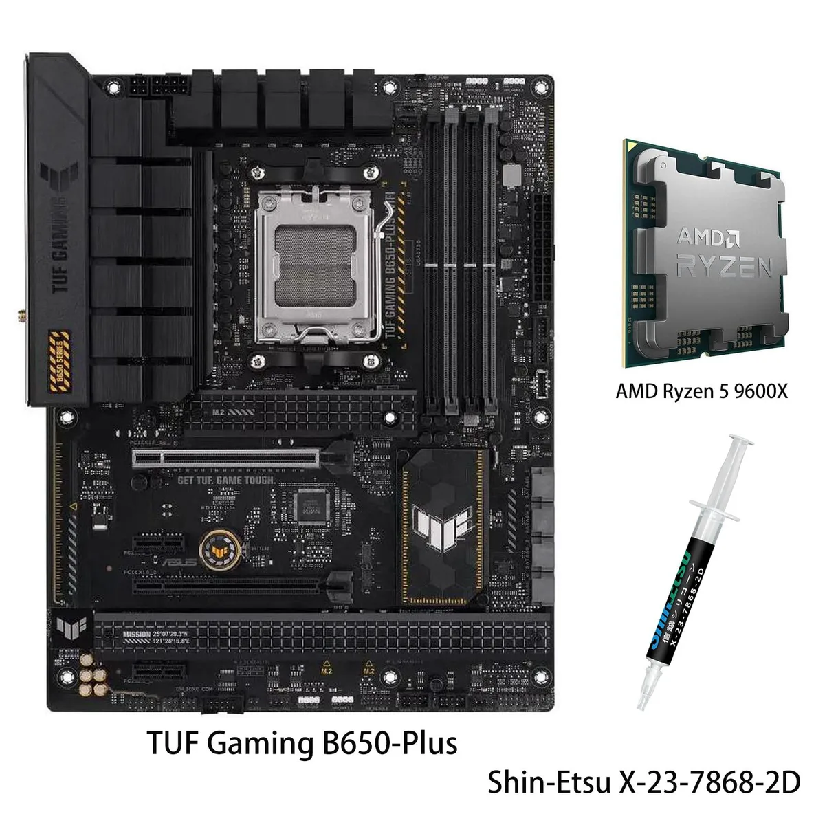 ASUS TUF Gaming B650-Plus ATX motherboard with AMD Ryzen 5 9600X CPU installed