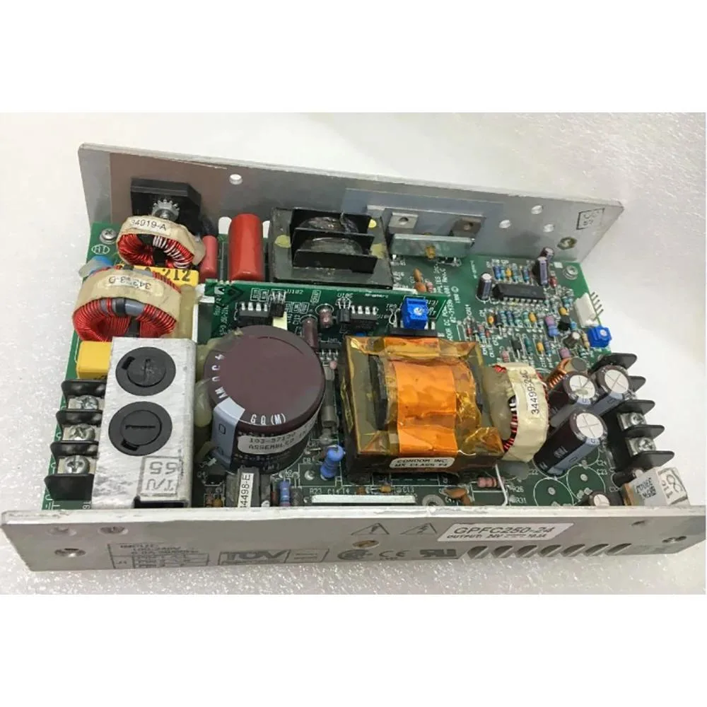 Rectangular metal ATX power supply unit with ventilation grille