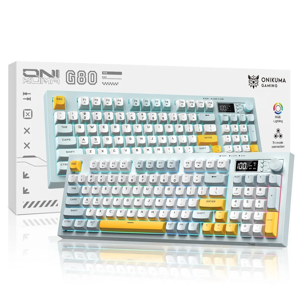 ONIKUMA G80 wireless keyboard in green and white with 94 keys, RGB lighting, display screen and control knob
