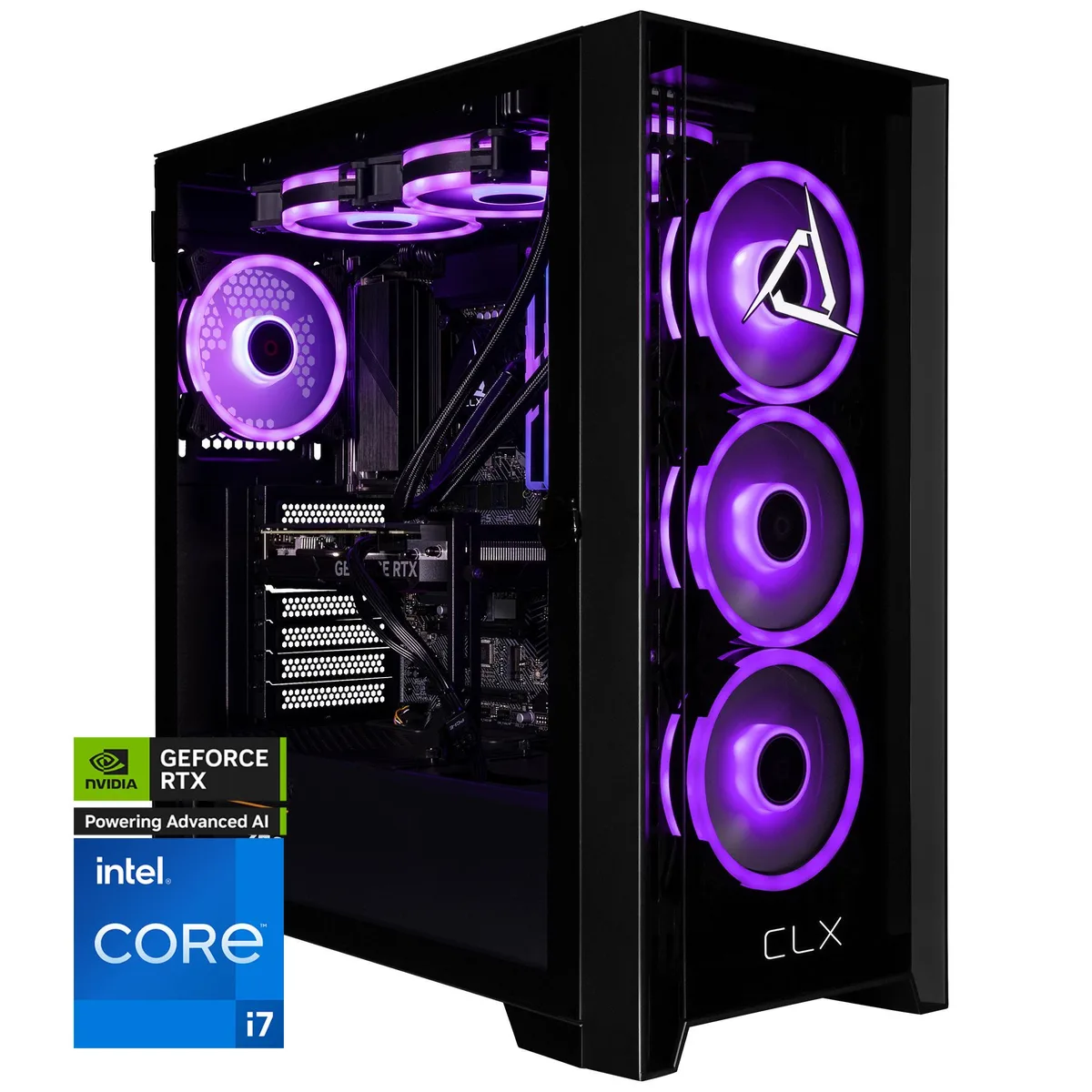 Black mid-tower gaming PC with tempered glass side panel and RGB fans