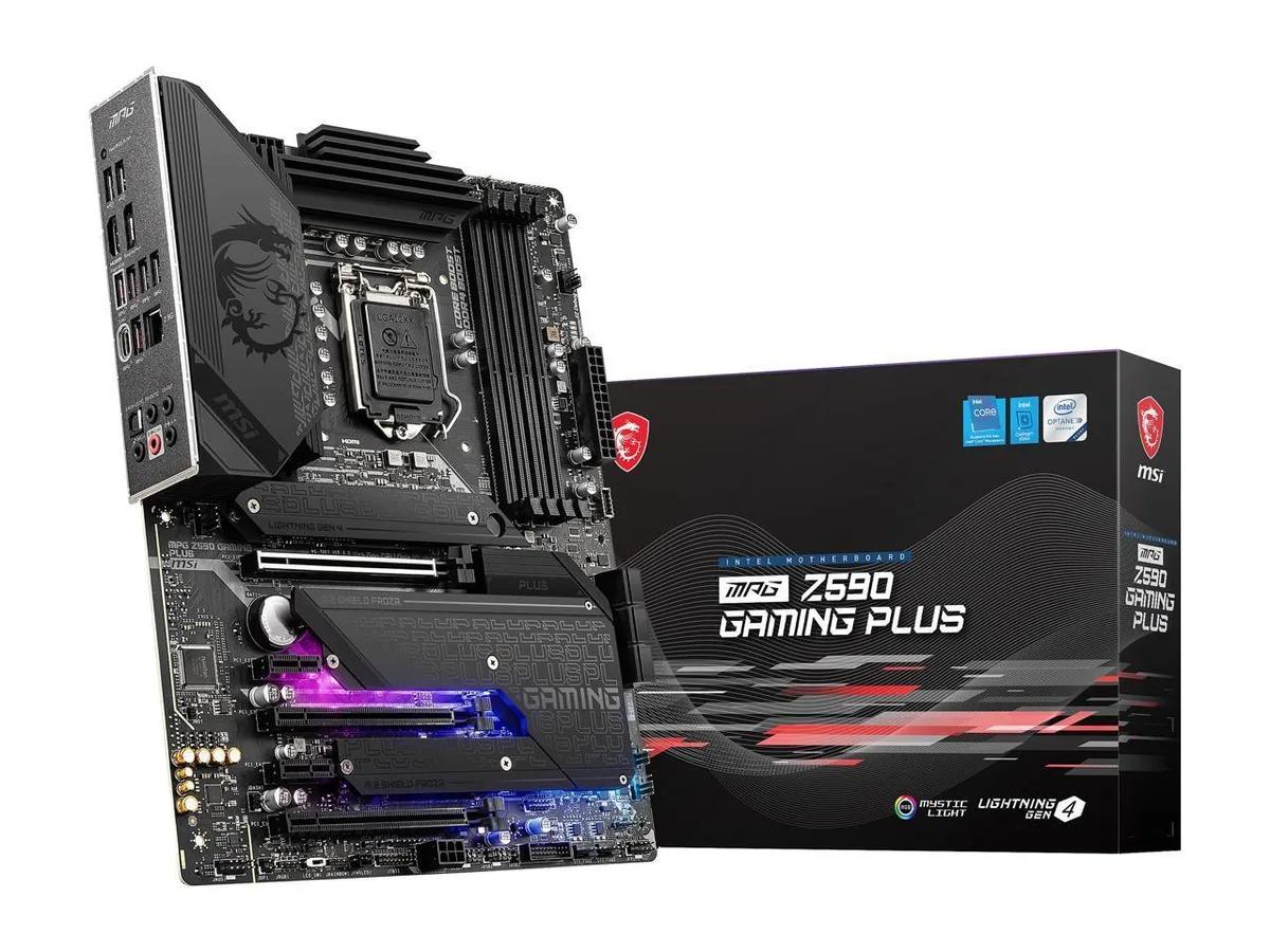 Black ATX motherboard with silver heatsinks and four DDR4 slots