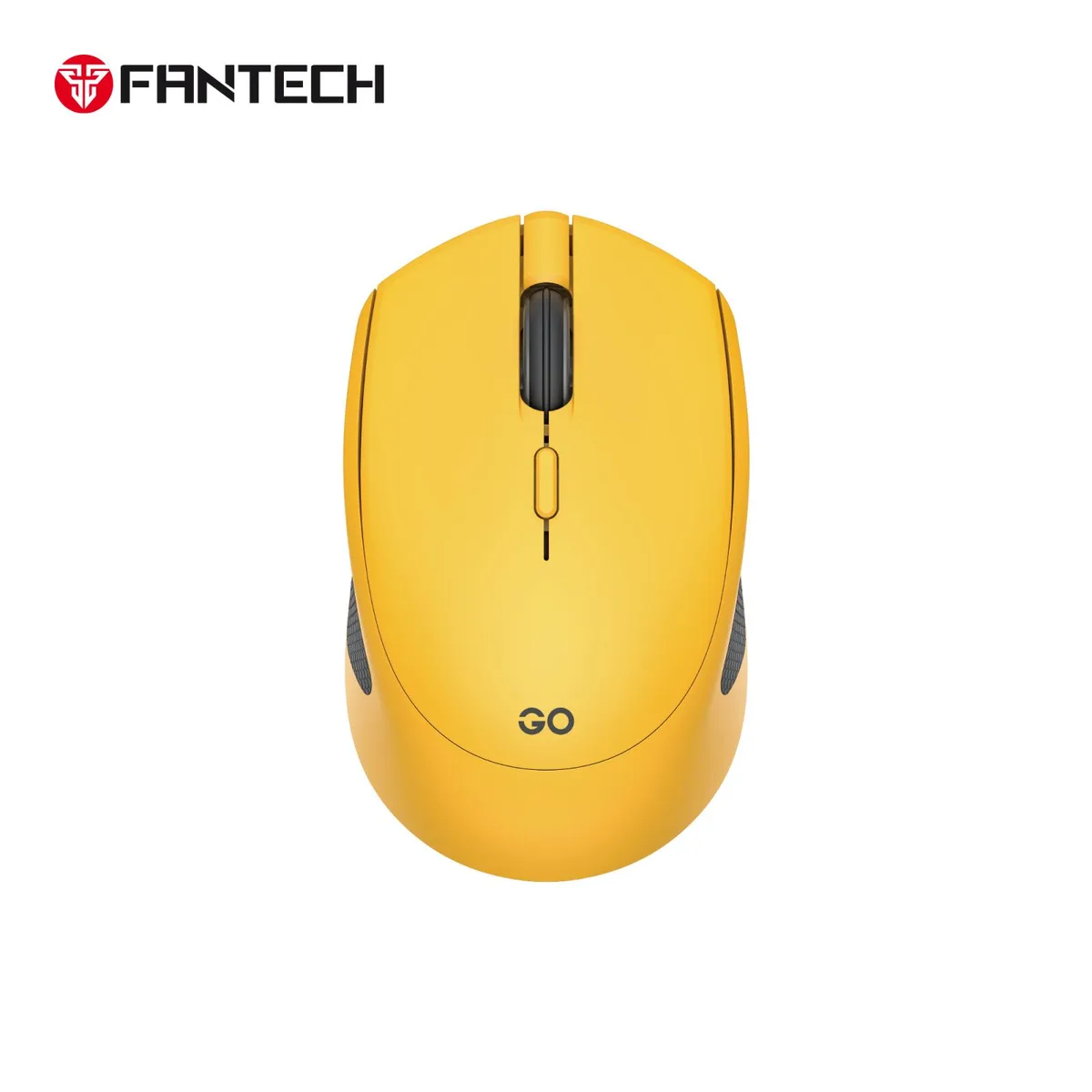 Compact yellow wireless gaming mouse with ambidextrous shape and USB dongle visible