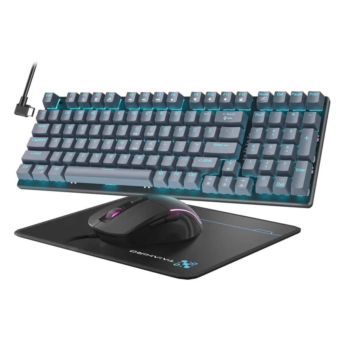 Gray 98-key mechanical keyboard with floating keycaps, matching mouse and mouse pad, Type-C wired, blue LED backlighting