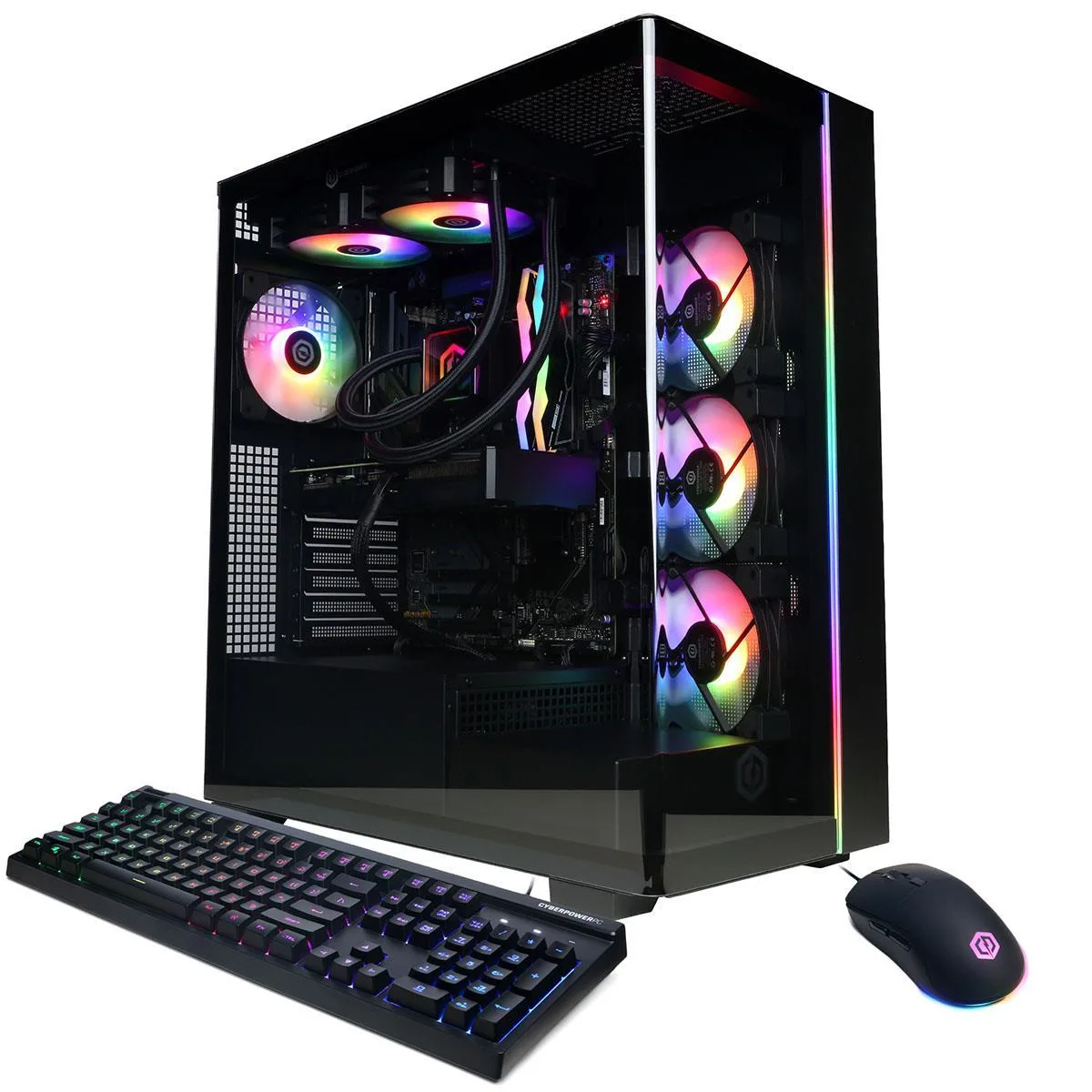 Black mid-tower gaming desktop with liquid cooling visible