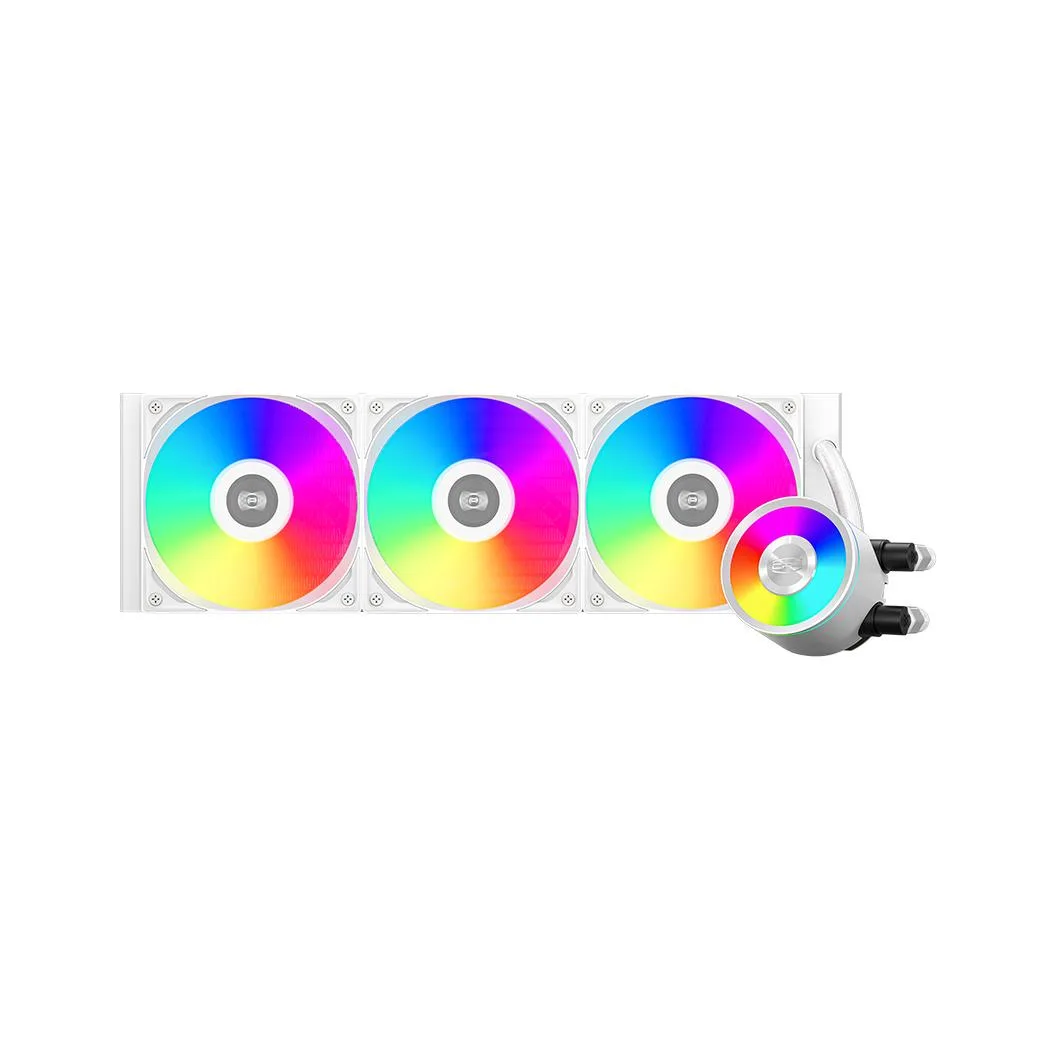 White 360 mm AIO with three 120 mm fans, copper pump block and ARGB halo lighting