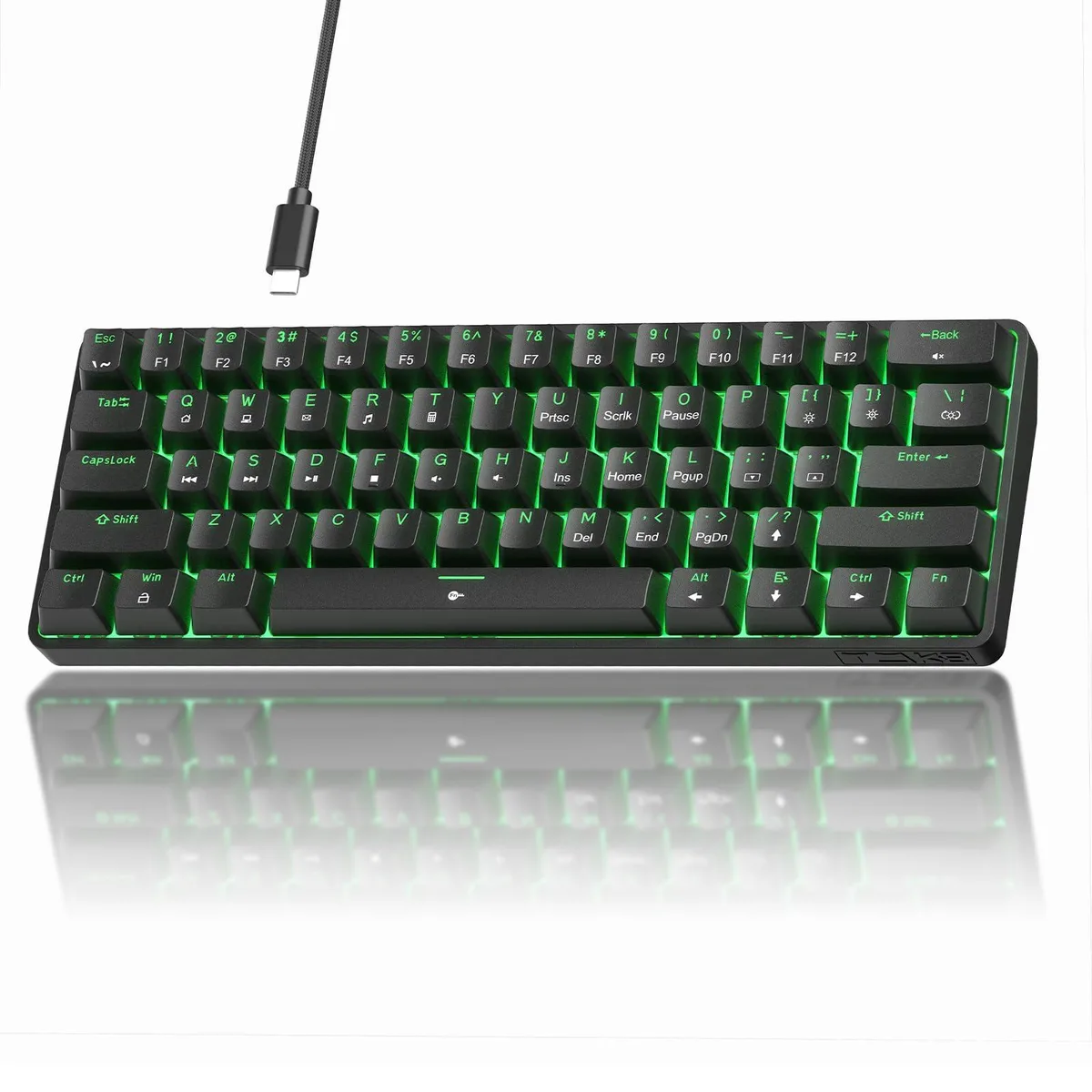 Compact black 60 percent mechanical keyboard with red linear switches and LED backlighting