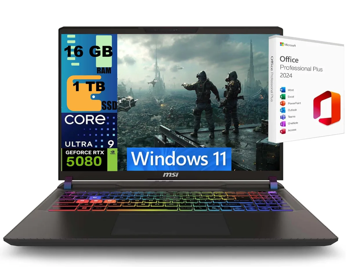 Gray 16-inch gaming laptop with a matte finish and RGB keyboard backlighting