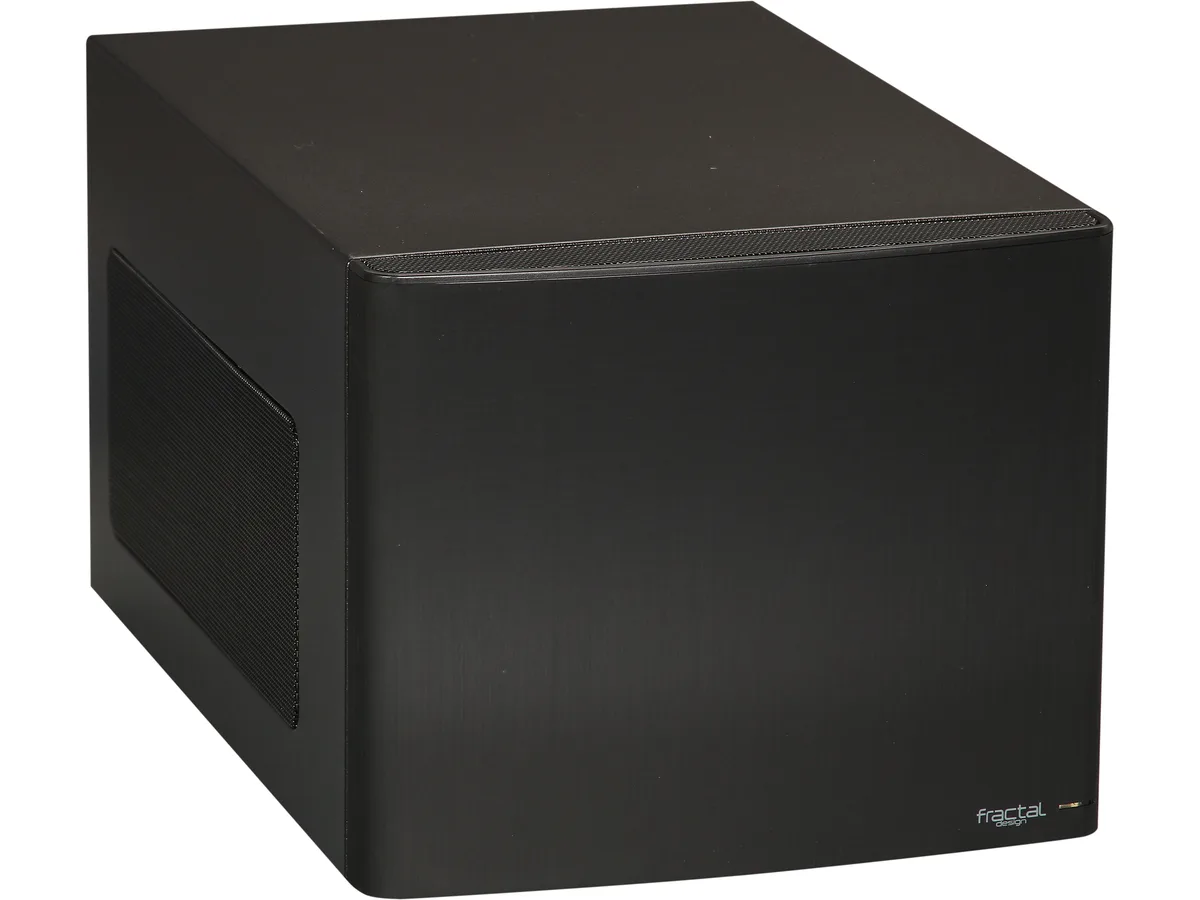 Black compact Mini-ITX tower with aluminium front panel, steel body, two front USB 3.0 ports, no side window