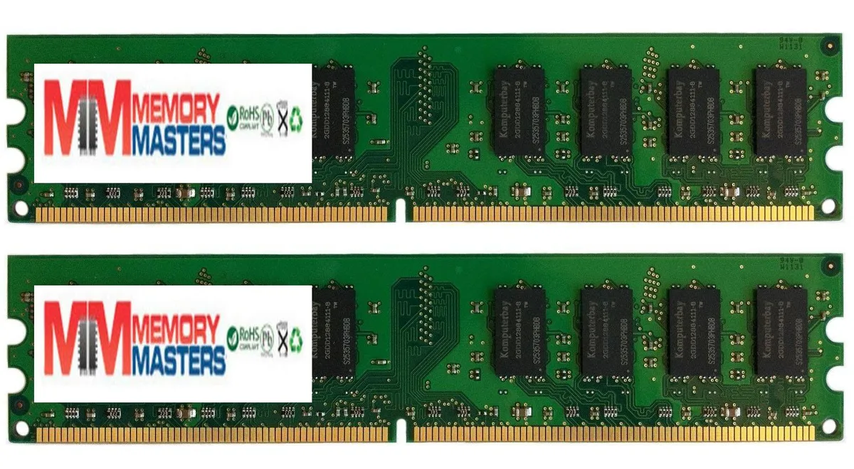Two green DDR2 DIMMs with black chips and gold contacts