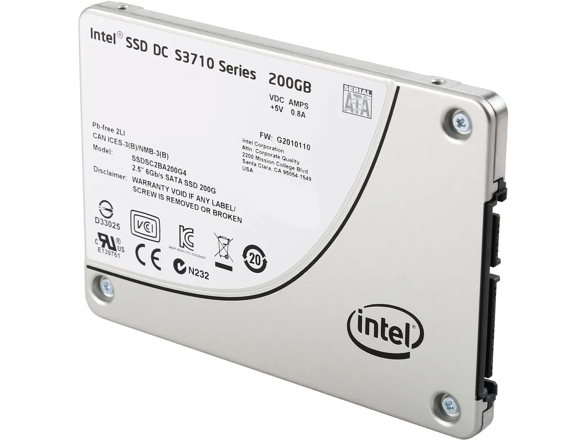 Rectangular 2.5 inch silver metal drive with label showing Intel DC S3710 200GB SATA