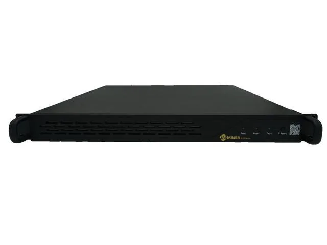 Compact 1U rackmount miner in matte silver finish with front ventilation slots