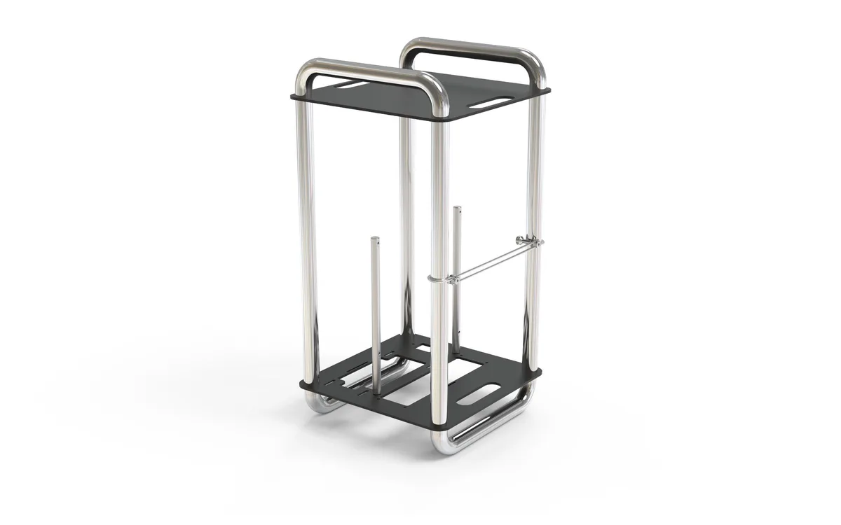 Vertical open-frame ITX case with chrome aluminium finish and 19mm stainless steel tubes