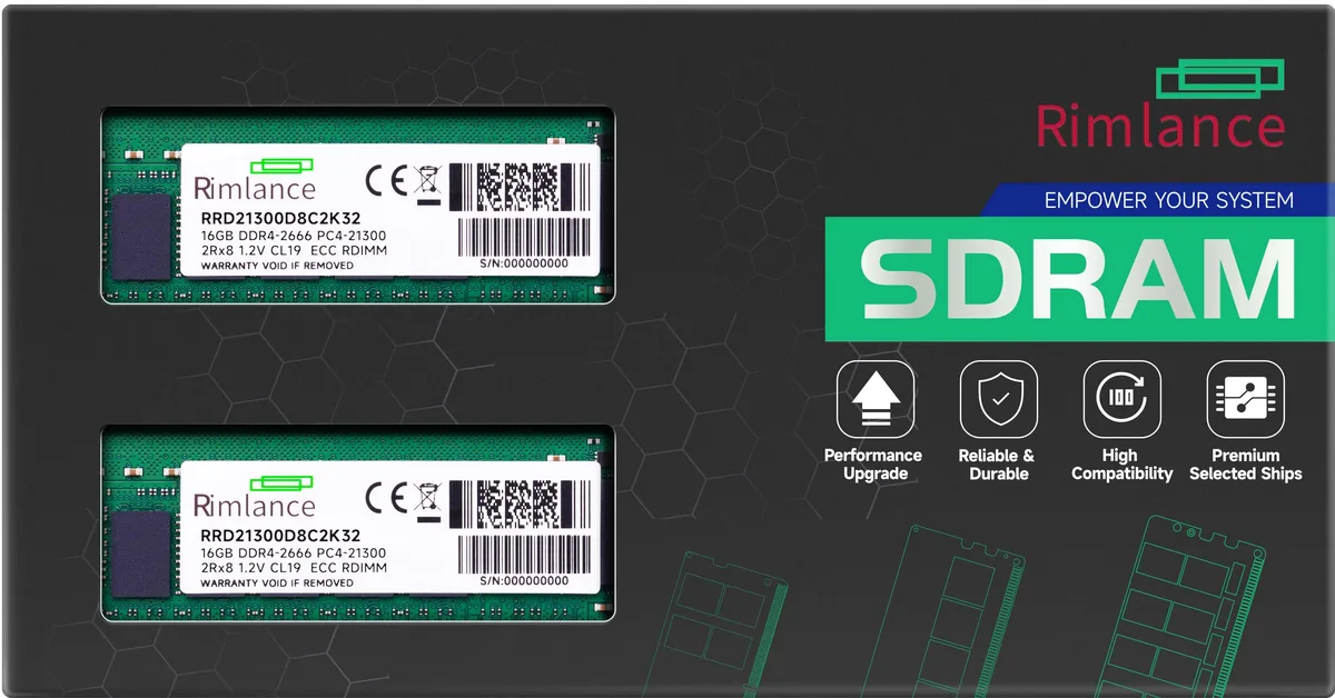 Two green DDR4 RDIMM sticks with black chips and gold contacts