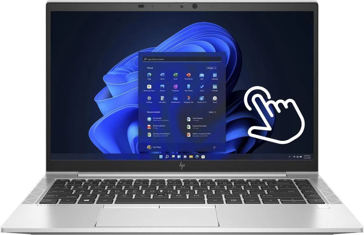 Silver 14 inch touchscreen laptop with thin bezels and backlit keyboard