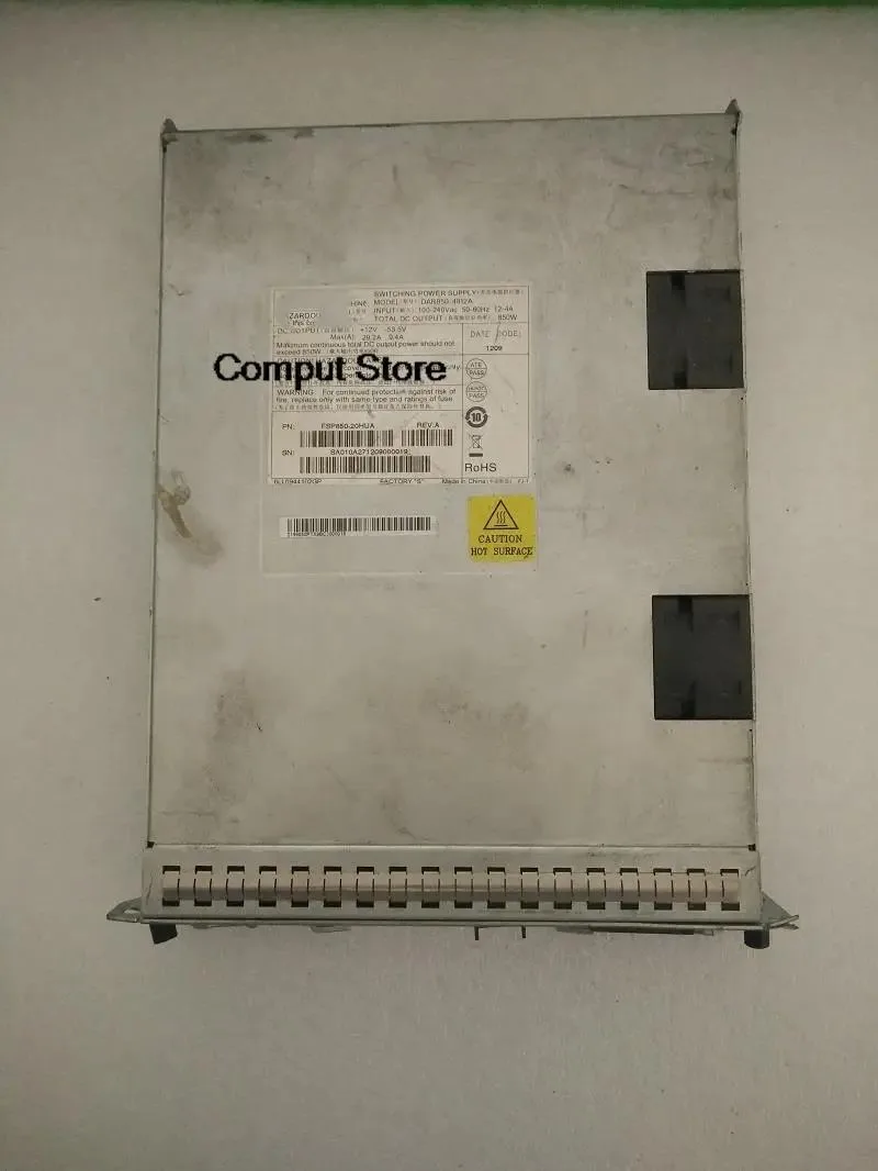 Rectangular ATX power supply unit with metal casing and cooling vents