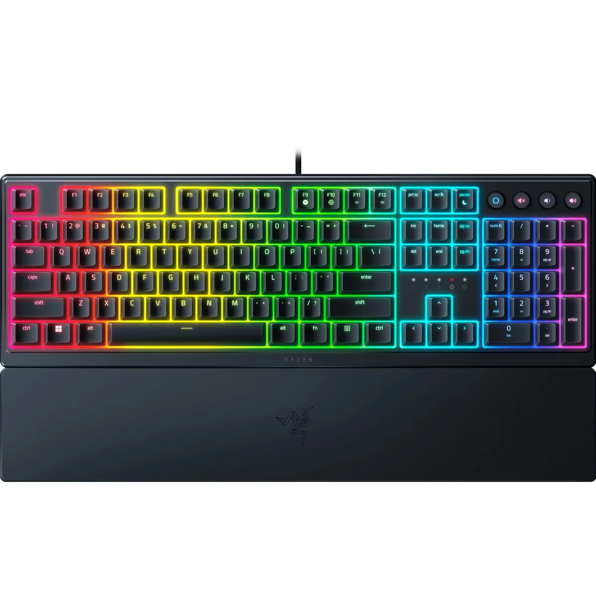 Low-profile black gaming keyboard with magnetic wrist rest and RGB lighting