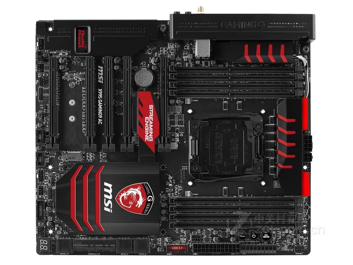 Black E-ATX motherboard with gold accents, LGA 2011-v3 socket, four DDR4 slots, multiple PCIe x16 slots, rear I/O shield included