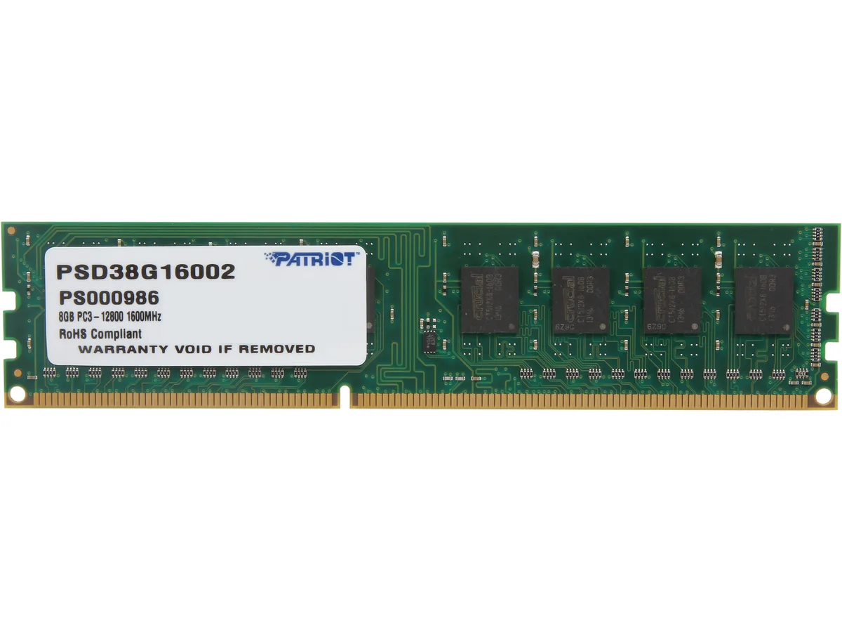 Green rectangular DDR3 stick with black chips on both sides and gold edge connectors