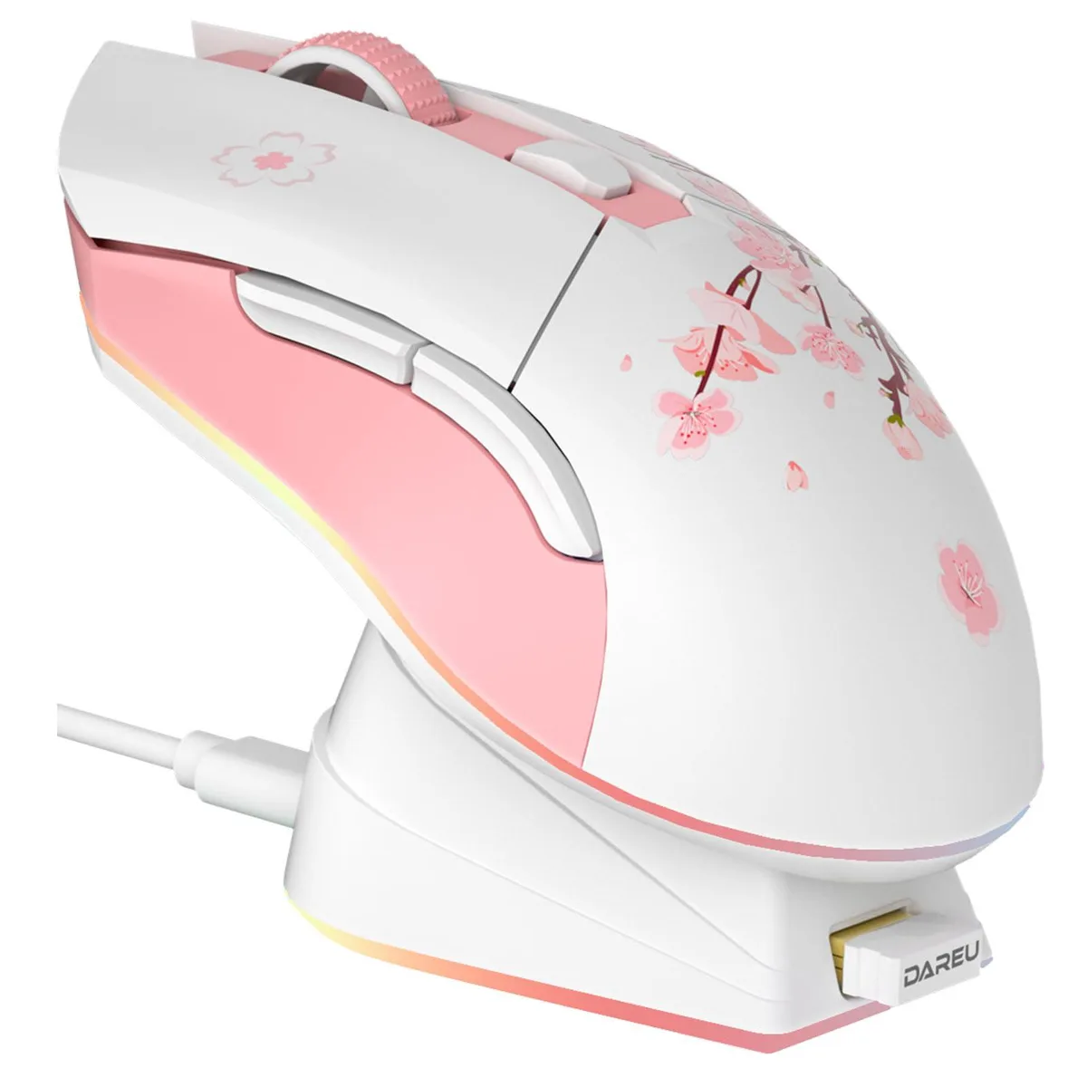 Sakura pink right-handed wireless mouse with magnetic charging dock