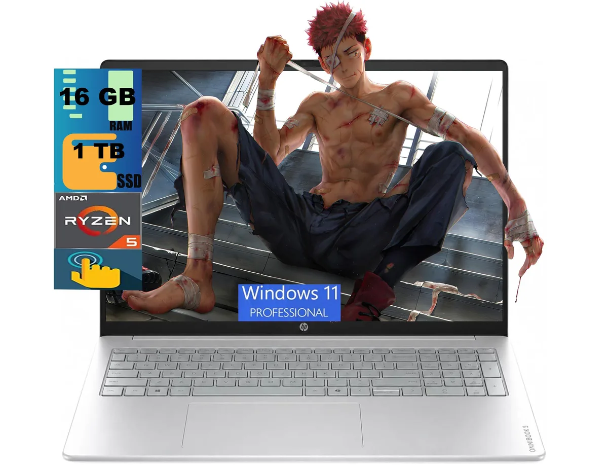Silver 16 inch laptop with touchscreen display