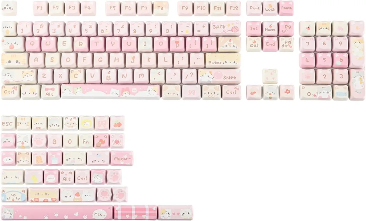 Pastel PBT and PC keycaps with cat designs in MAO profile