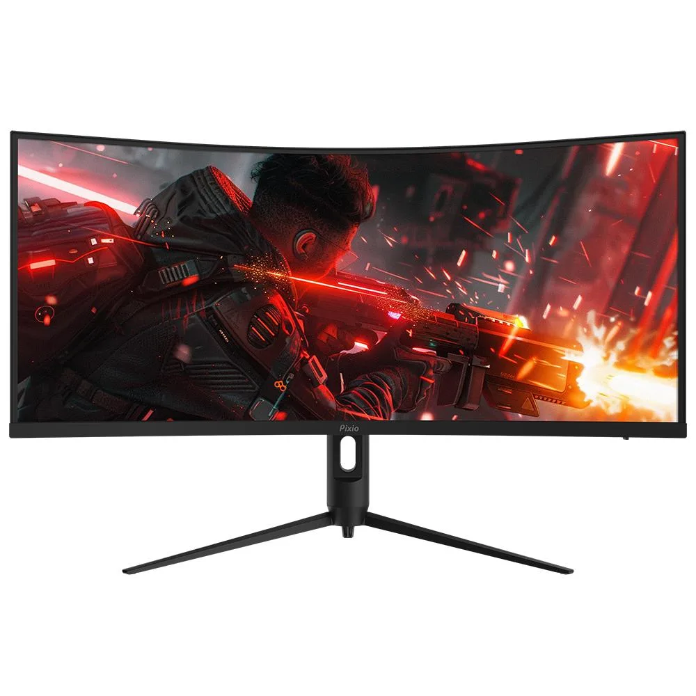 34 inch black curved ultrawide monitor with three sided frameless bezel and stand