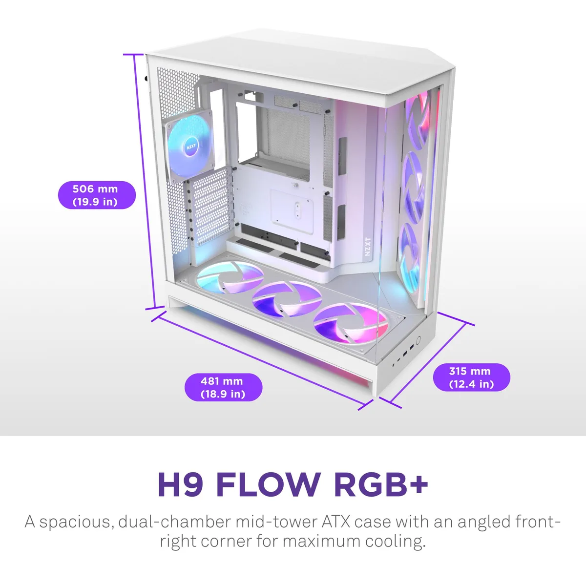 White mid-tower case with wraparound tempered glass and visible RGB fans
